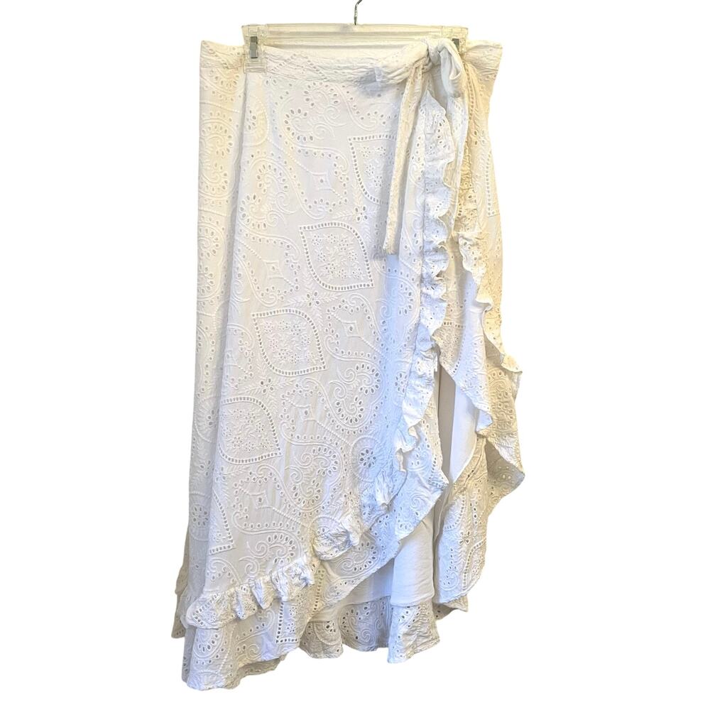 Encantadore Sarong Wrap Skirt Coverup M Eyelet Embroidered White Beach Resort - Picture 2 of 16